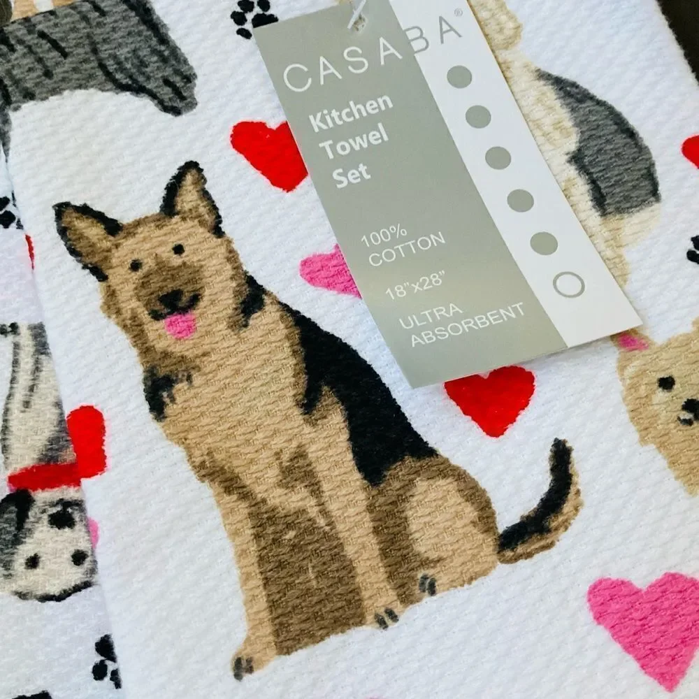 NWT Valentine Dogs & Hearts Kitchen Dish Towels Casaba